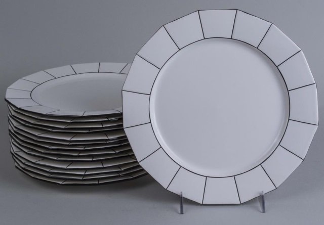 Set of Fourteen Jacques Molin Charolles Plates: Geometric black lined border. Diameter 11 3/4 inches. Notice to bidders: Condition reports and additional photographs are provided by request as a courtesy to our clients, as such any condition report