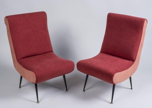 Pair of Upholstered Slipper Chairs: Height 32 inches, width 18 inches, depth 24 inches. Notice to bidders: Condition reports and additional photographs are provided by request as a courtesy to our clients, as such any condition report i
