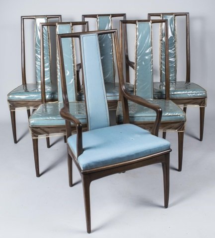 Set of Six John Stuart Modern Design Chairs: Two armchair and four side chairs, each with open back with upholstered splat and seat on slightly curved tapered legs. Armchair height 41 1/4 inches, width 22 1/4 inches, depth 22 1/2 inches. Notice