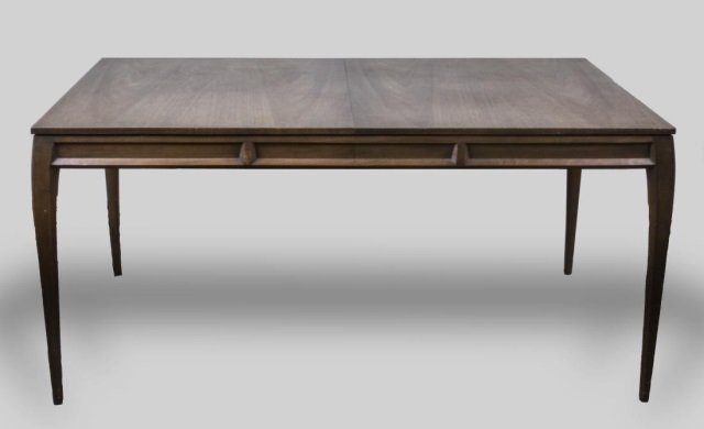 John Stuart Modern Design Dining Table: Rectangular top on four slightly curved tapered legs, one leaf. Height 29 1/4 inches, width 62 inches, depth 42 inches, leaf width 18 inches. Notice to bidders: Condition reports and additional photog