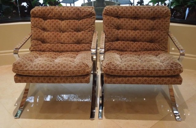 Milo Baughman Style Armchairs: Flatbar chrome frame, button tufted upholstered backs and seats, on X base. Notice to bidders: Condition reports and additional photographs are provided by request as a courtesy to our clients, as suc