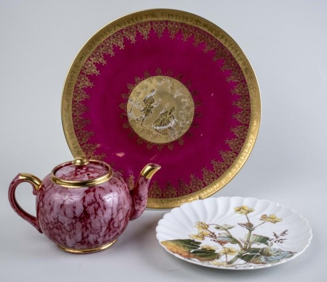 Crown Ming Porcelain Partial Dinner Service: Approximately twenty nine pieces, Bird of Paradise pattern, comprising eight dinner plates, eight salad plates, seven bowls, five saucers, and a serving bowl. Dinner plate diameter 10 1/2 inches; toge