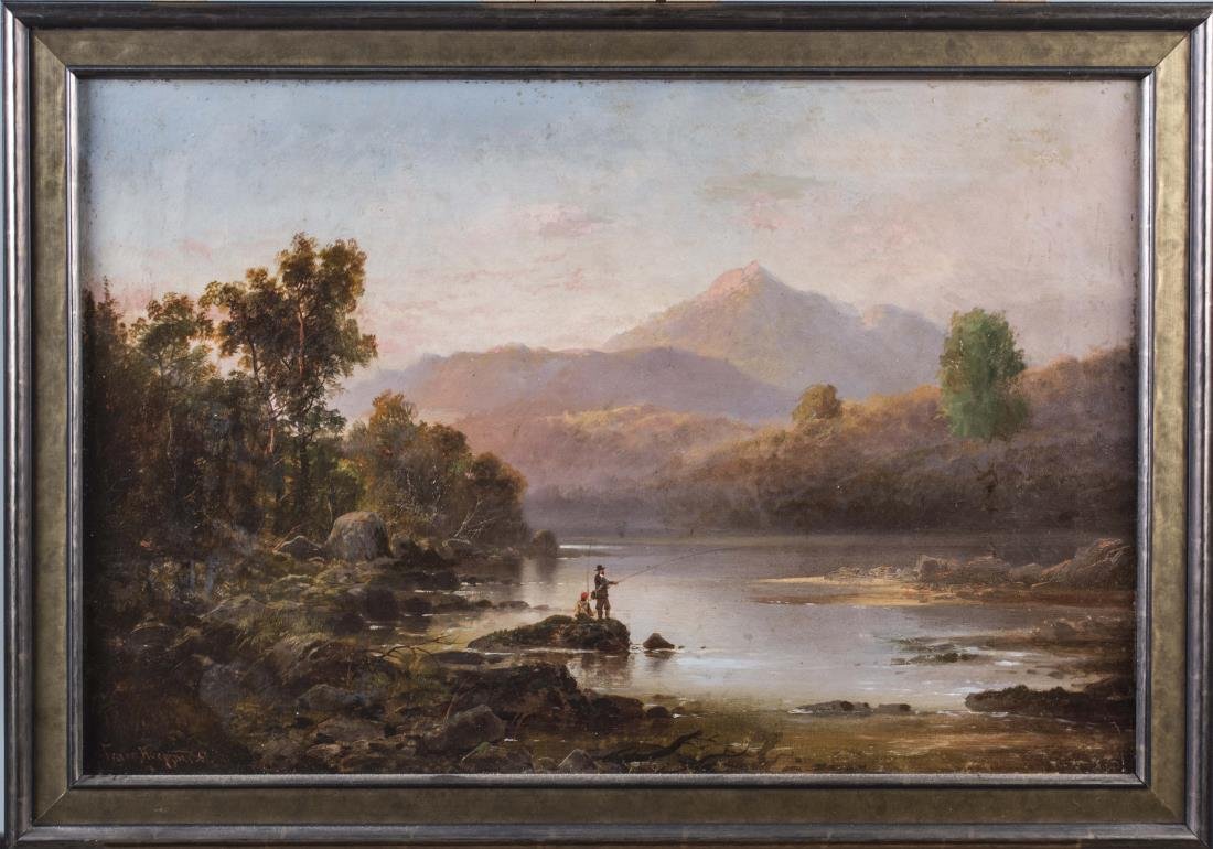 Hudson River School 19th Century: Scene of men fishing on a riverbank. Oil on canvas, 19th century. Signed illegibly (LL). Sight size 15.5 x 24 inches. The painting has evidence of extensive restoration including inpainting and other 