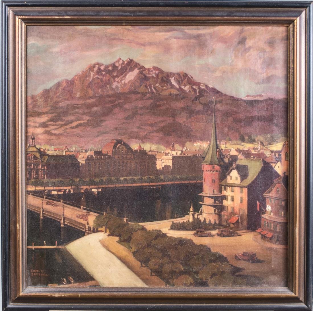 Samuel Josephs (American, 20th Century): Village in the Mountains. Oil on canvas, 20th century. Signed (LL). Canvas size 26 x 26 inches. Framed. Notice to bidders: Condition reports and additional photographs are provided by request as a cou