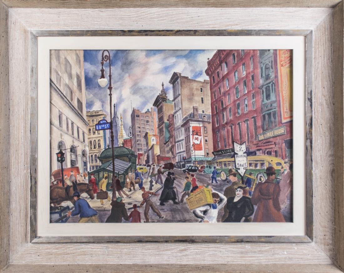Bertram Hartman (American, 1882 - 1960): New York City street scene. Watercolor, 20th century. Signed in banner. Sight size 30 x 23 inches. Framed. Notice to bidders: Condition reports and additional photographs are provided by request as a 