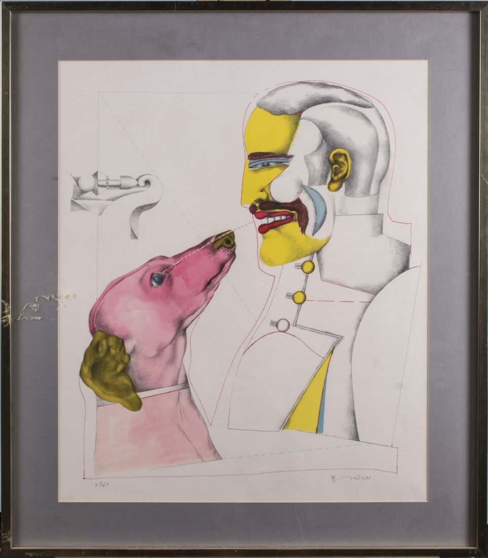 Richard Lindner (American/German, 1901-1978): Man's Best Friend (From the After Noon Portfolio). Color lithograph on paper, 1969. Signed in pencil (l.r.), numbered 219/250 (l.l.). Sight size 25 x 21 inches. Matted and framed. Notice to bidders: C