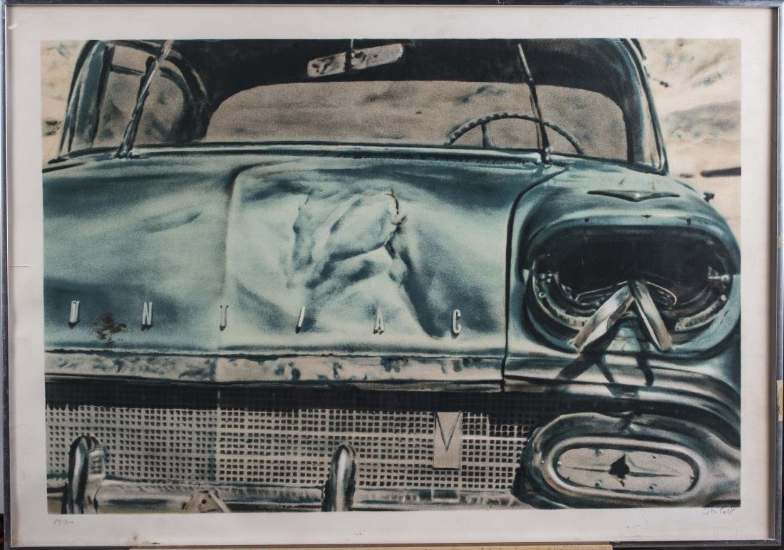 John Salt (English, b. 1937): Pontiac. Color lithograph on paper, circa 1972. Signed in pencil (l.r.), numbered 89/300 (l.l.). Sight size 24 1/2 x 35 inches. Matted and framed. Notice to bidders: Condition reports and additional p