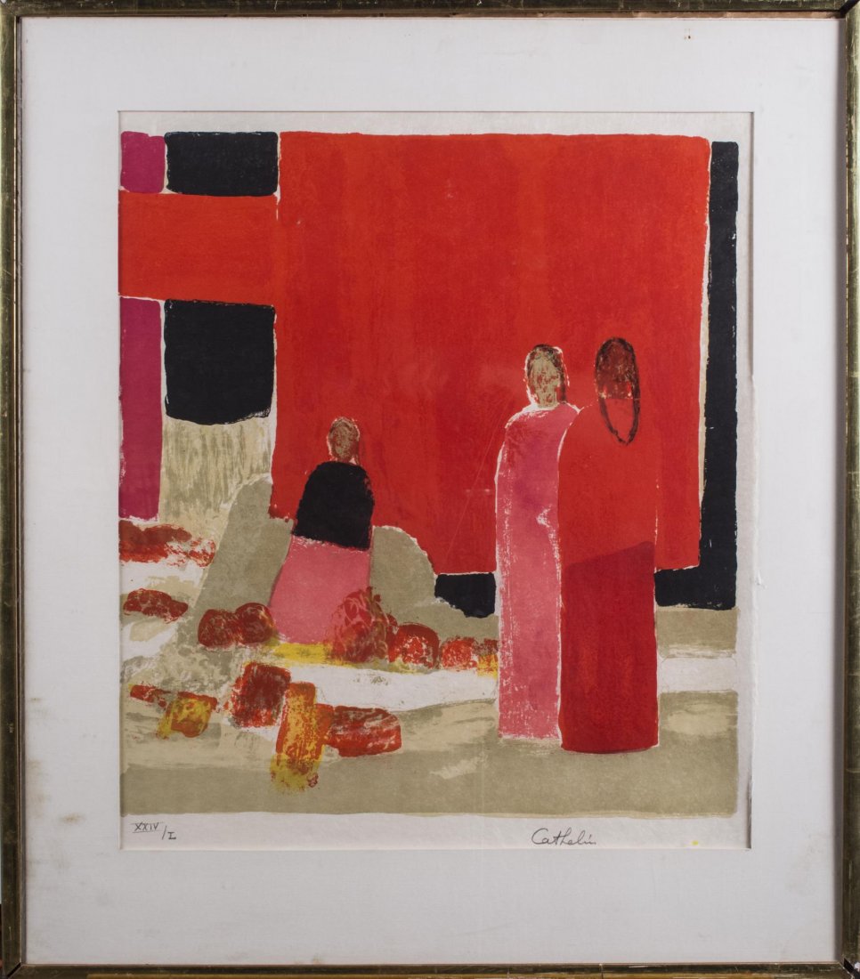 Bernard Cathelin (French, 1919-2004): Untitled (Figures). Color lithograph. Signed (l.r.), numbered XXIV/L (l.l.). Sight size 23 1/2 x 20 inches. Matted and framed. Notice to bidders: Condition reports and additional photographs are provi