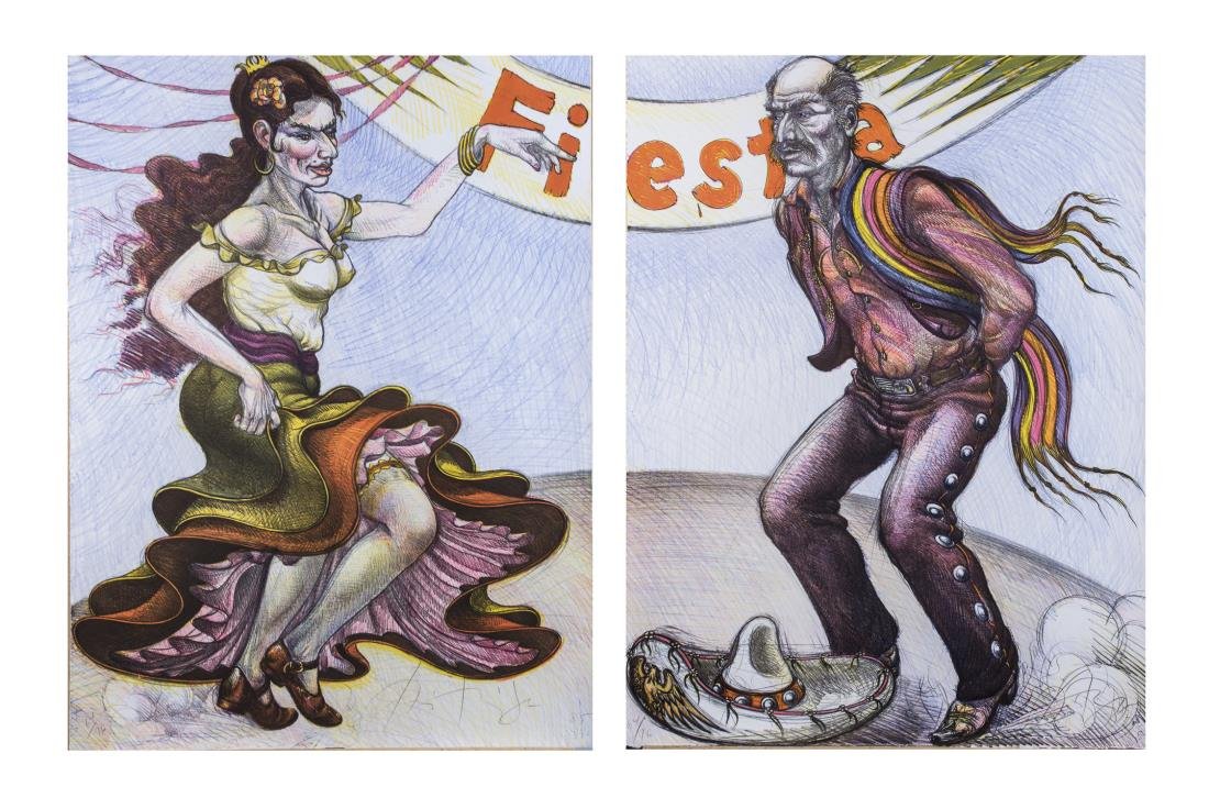 Luis Jimenez (American, 1940-2007): Fiesta diptych. Lithograph, 1985. Signed LR of man, Numbered 64/76 LL of man, Signed LR woman, Sheet size 32 x 24 inches (each). Provenance: From the collection of Ernest De Soto Notice to bidders: Co