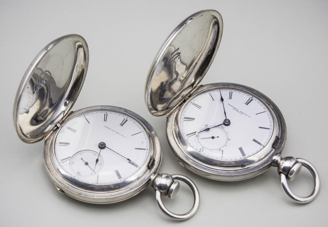 Two American Pocket Watches: (1) American Watch Coin Silver Hunt Case Key Wind Pocket Watch with enamel dial with Roman numerals, signed American Watch Co., with subsidiary seconds dial, movement signed Appleton Tracey & Co., Wal