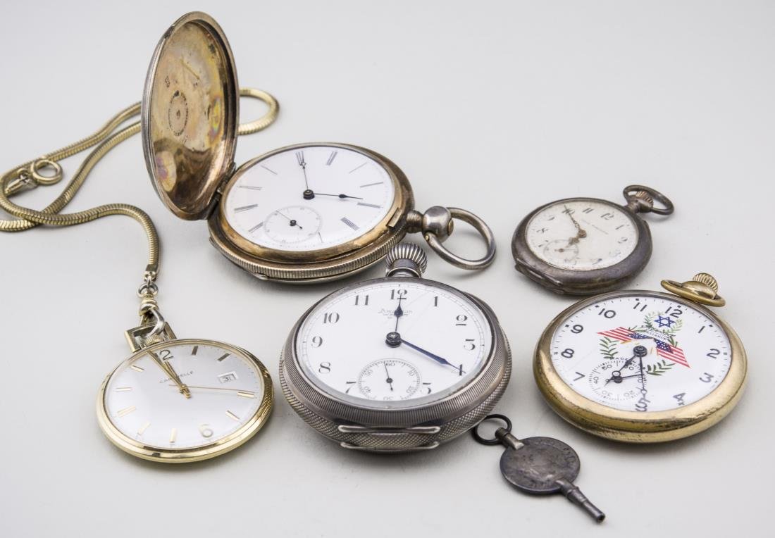 Group of Five Pocket Watches: Including a Caravelle watch with chain, Ingersoll Reliance watch, Waltham coin silver key wind watch, a Swiss lady's pendant watch, Swiss 800 silver key wind watch. Notice to bidders: Condition report
