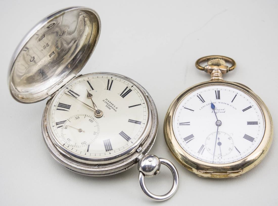 Two English Pocket Watches: (1) English Silver Hunt Case Key Wind Pocket Watch circa 1800, enamel dial signed Daniels, Liverpool & 1600, case signed CJ / WG, hallmark Chester 1806, diameter 1 ¾ inches; (2) English Gold Filled O