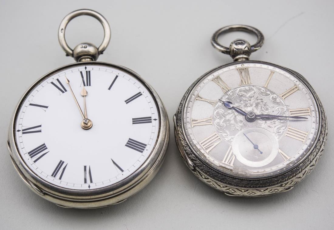 Two English Pocket Watches: (1) English Silver Open Face Key Wind Pocket Watch with silvered metal dial with Roman numerals and floral engraved center, unsigned, movement enclosed, engraved case signed WH and hallmarked London,