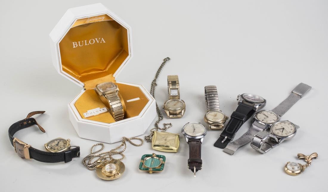 Group of Fourteen Pendant and Wristwatches: Comprising four Bulova watches, one in original box; Croton Chronograph, a Tatania pendant watch, three Elgin watches, an Accro pendant watch, two gold tone pendant watches, etc. Notice to bidders: Co