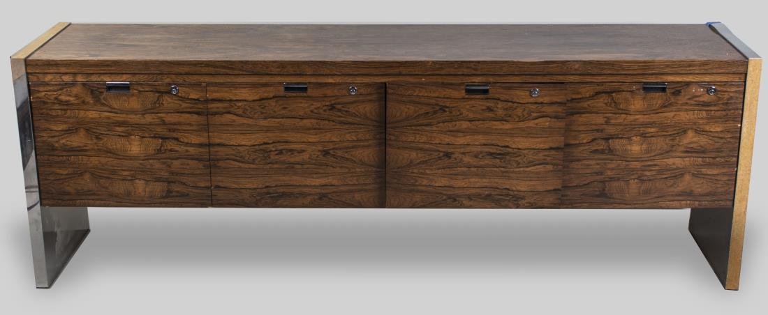 Credenza File Cabinet: Rectangular top over four file drawers. Height 27 inches, width 80 inches, depth 18 inches. Notice to bidders: Condition reports and additional photographs are provided by request as a courtesy to our