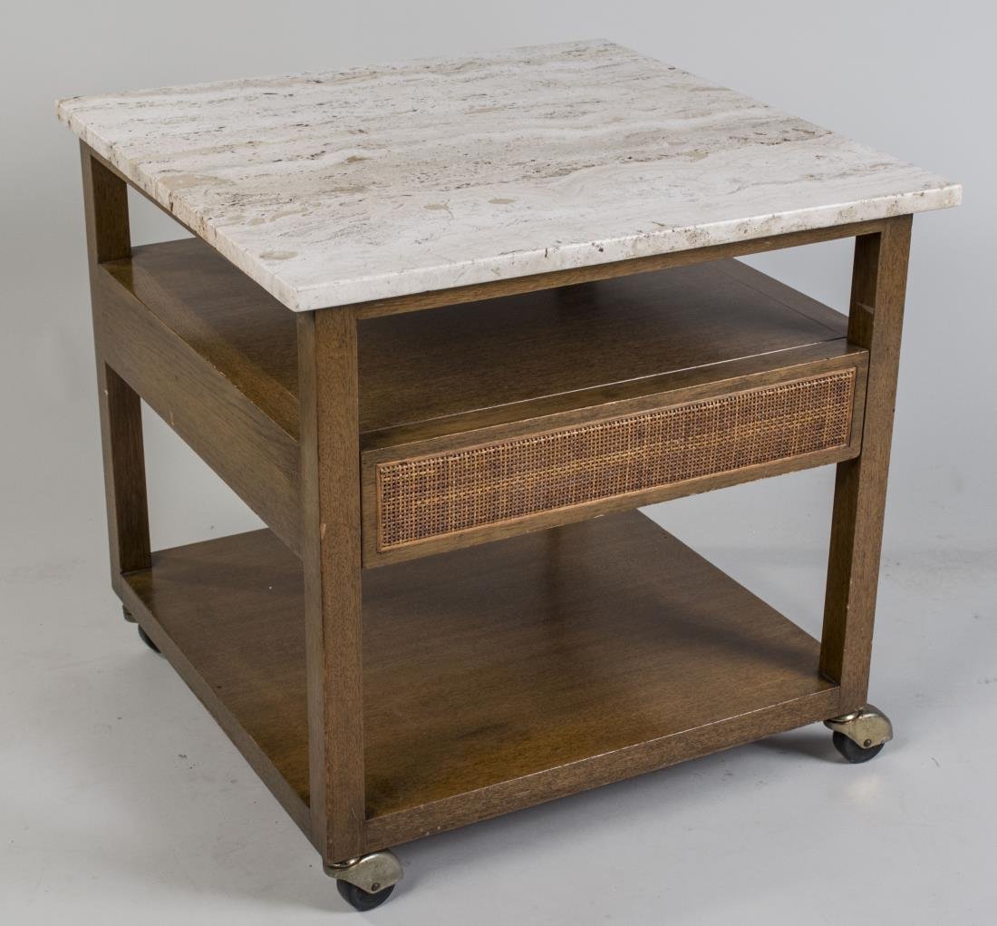 Harvey Probber Marble Top Bedside Table: White marble top over an open shelf, above a drawer and a lower open shelf. Height 23 inches, 24 inches square. Notice to bidders: Condition reports and additional photographs are provided by request 