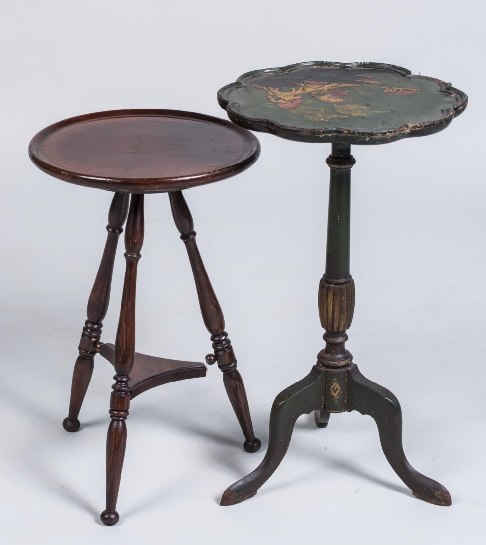 Two Tripod Stands: One, black painted stand with scalloped edge and polychrome decoration, the other, with circular dish top. Height 21 1/2 inches, diameter 12 1/2 inches. Notice to bidders: Condition reports and additi