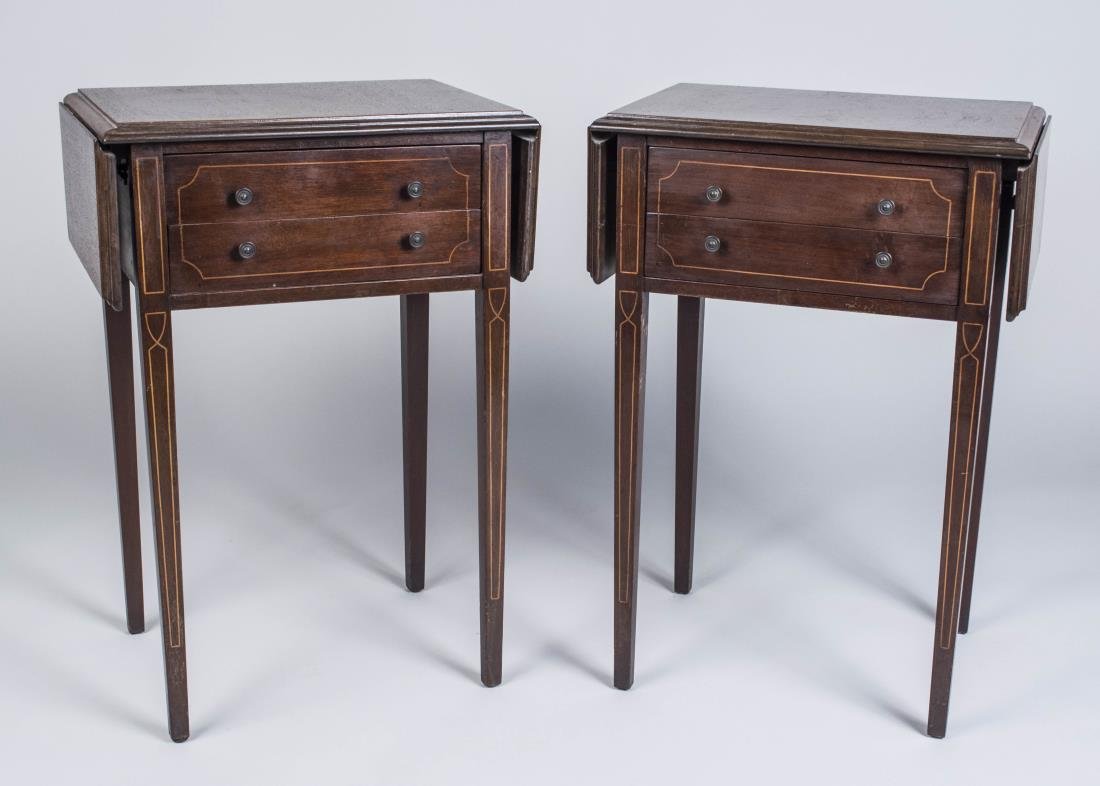 Pair of Work/End Tables: Square top with two drop leaf ends. Height 29 inches, width 20 inches, depth 19 inches. Notice to bidders: Condition reports and additional photographs are provided by request as a courtesy to our cli
