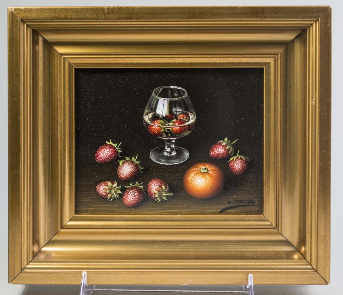 L. Pizarro (Spanish, b. 1937): Still life with strawberries, glass and orange. Oil on canvas, 20th century. Signed L. Pizarro (LR). Lang & Paul Gallery label on reverse. Frame size 8 1/2 x 9 1/2 inches, sight size 4 1/2 x 5 1/2 inc