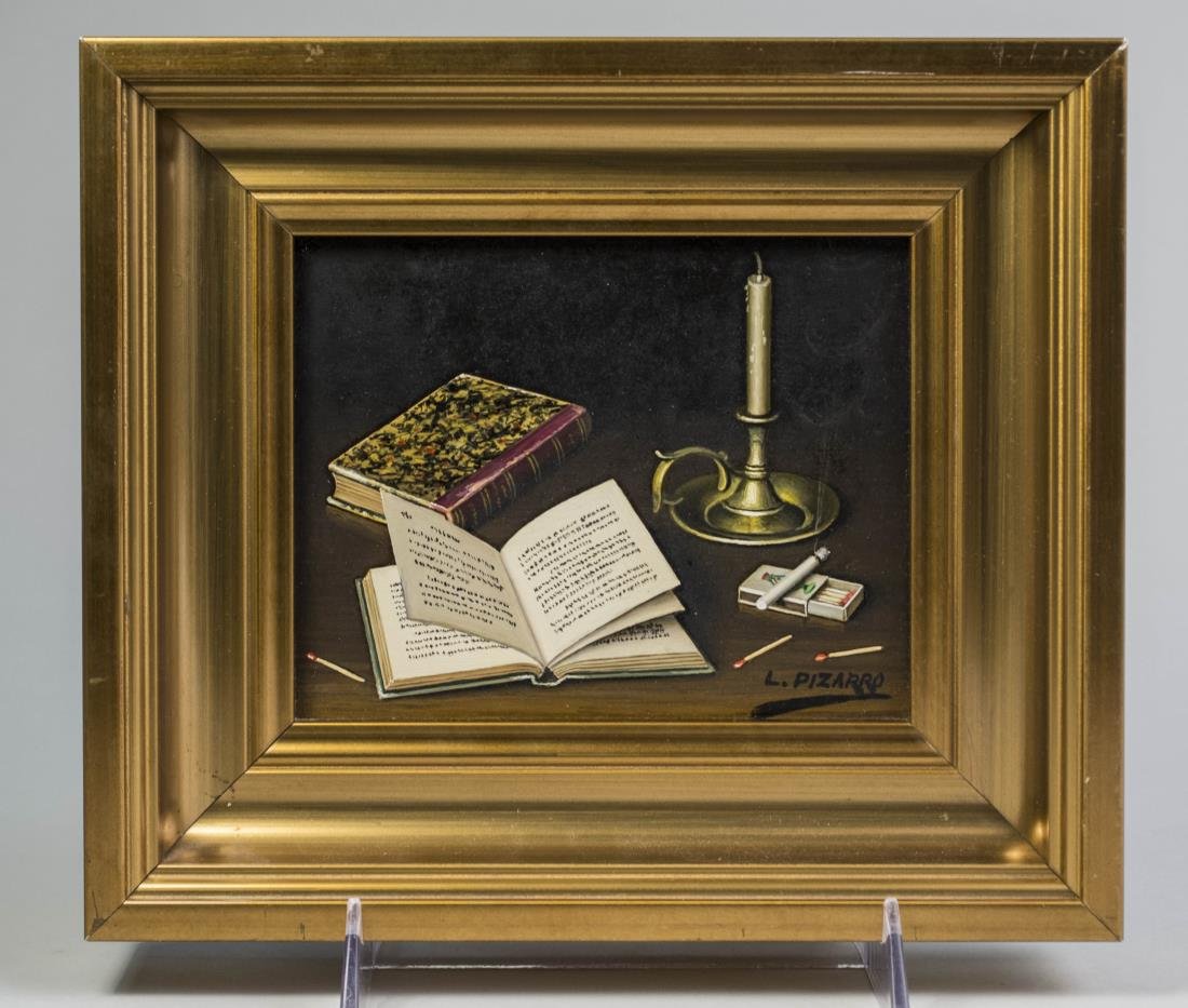 L. Pizarro (Spanish, b. 1937): Book, matches, candle and smoking cigarette. Oil on panel, 20th century. Signed L. Pizarro (LR). On verso label with biographical information on artist and Lang & Paul Gallery label. Frame size 8 1/2