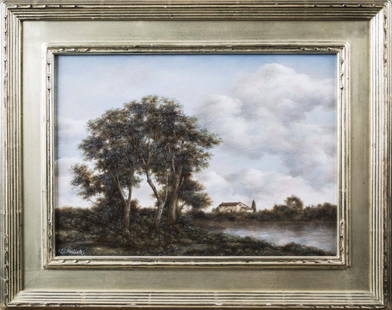 Lionel Kalish (American, b. 1931): Pastoral landscape with trees and house in the distance. Oil on paper. Signed (LR). Sight size 9 1/2 x 13 3/8 inches. Framed. Notice to bidders: Condition reports and additional photographs are provid