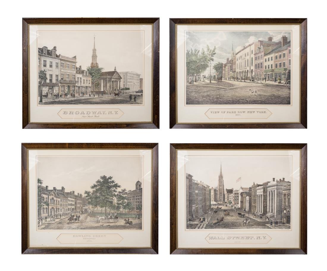 Four Engravings of 19th Century New York: Prints include: Wall Street NY, 1847; Bowling Green Broadway, 1831; View of Park Row NY, 1830. Broadway New York, Near Saint Pauls. Engravings, 19th century. Overall framed size 19 1/2 x 24 inches (ea
