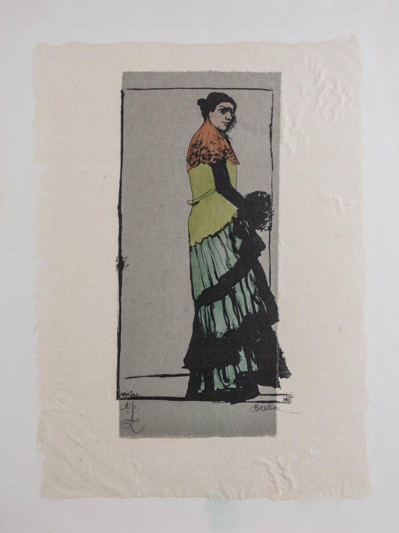 Leonard Baskin (American, 1922-2000): Untitled, woman with bouquet. Artist Proof woodblock print on handmade paper mounted on thick paper, 20th century. Signed (LR) and inscribed AP (LL). Overall size 22 x 18, sheet size 17 x 12 inches. P