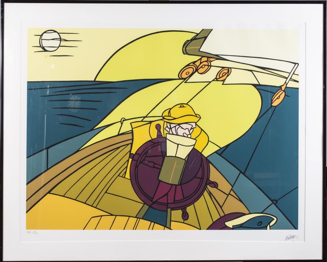 Valerio Adami (Italian, b. 1935): The Sailor. Serigraph, 1993. Signed Ademi (LR) and numbered 149/150 (LL) in pencil. Marisa del Re Gallery lable attached to back. Frame size 35 x 43 inches, sheet size 31 x 40 inches. Framed. Notice t