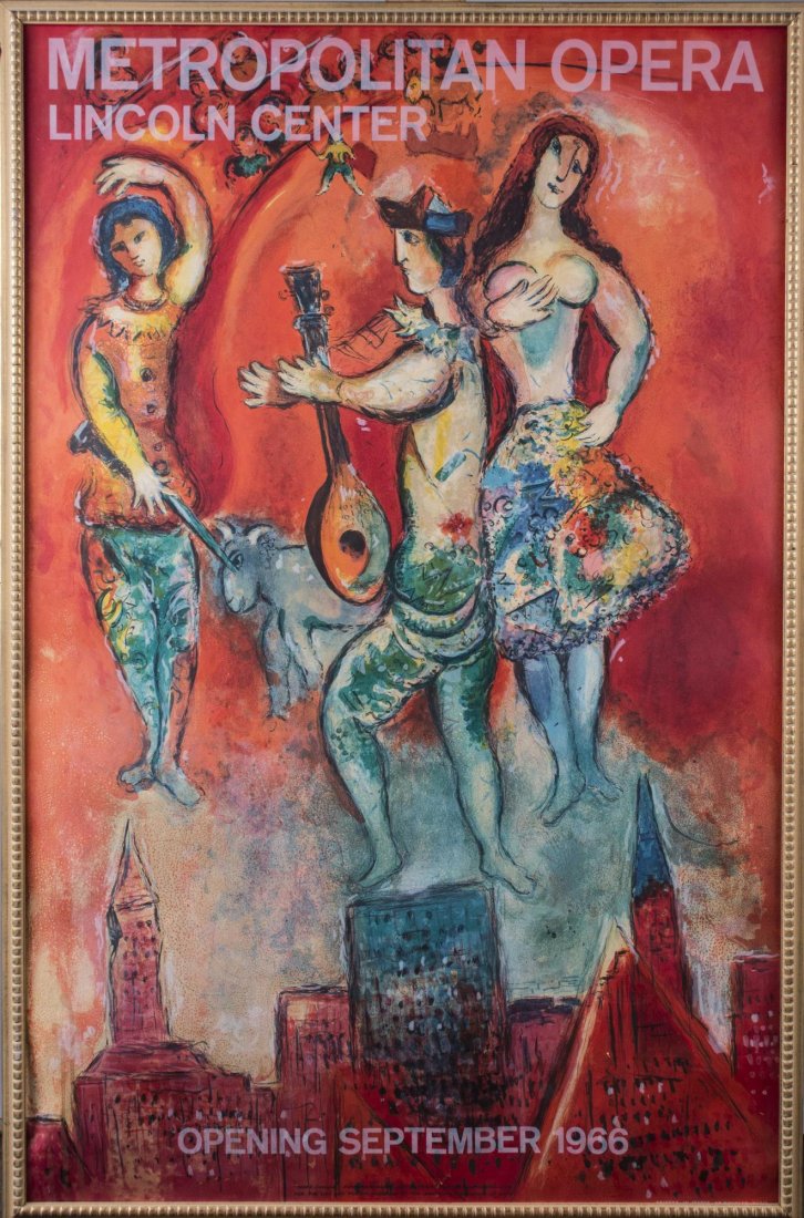 Chagall - 1966 Carmen Opera Poster: Marc Chagall Carmen at the Metropolitan Opera poster, Lithograph, 1966. Sight size 38 1/2 x 25 inches. Framed. Notice to bidders: Condition reports and additional photographs are provided by request a
