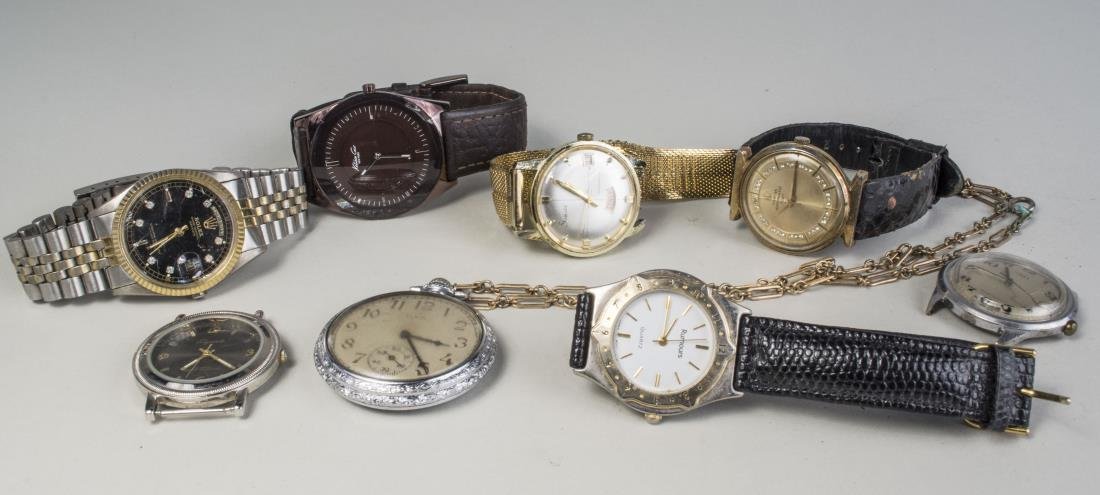 Group Men's Watches: Various makers including Kenneth Cole, Sheffield, Omega Acromatic, Timex, etc.; together with an Elgin pocket watch and watch chain. Notice to bidders: Condition reports and additional photographs are