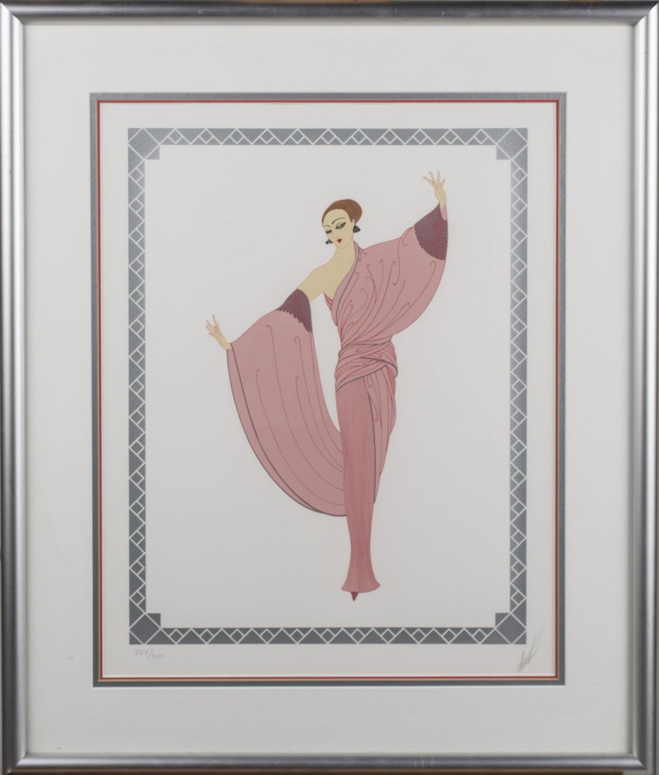 Romain de Tirtoff, Erté (French, 1892-1990): Pink Lady. Serigraph print, 20th century. Signed (LR), and numbered 244/300 (LL). Frame size 27 x 23 inches, sight size 20 x 16 inches. Matted and framed. Notice to bidders: Condition reports and addi
