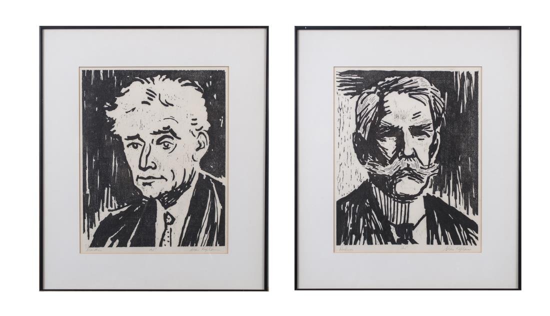 Two prints by Stan Kaplan (American, 20th Century): Holmes and Brandies. Woodblock prints, 20th century. Both signed Stan Kaplan (LR), with AP (LC) and titled (LL). Plate size 14 x 11 inches, frame size 21 x 18 inches. Matted and framed. Notice to bidd