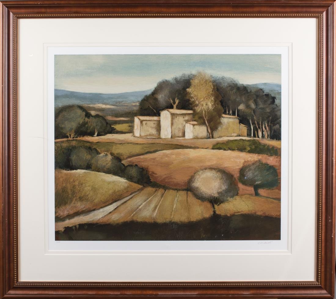 Elisabeth Estivalet, (Polish/French, b. 1950): French village on a hill. Serigraph on paper. Signed in pencil (LR) and numbered 54/150 (LL). Frame size 30 x 36 inches, sight size 22 x 26 inches. Matted and framed. Notice to bidders: Condition repo