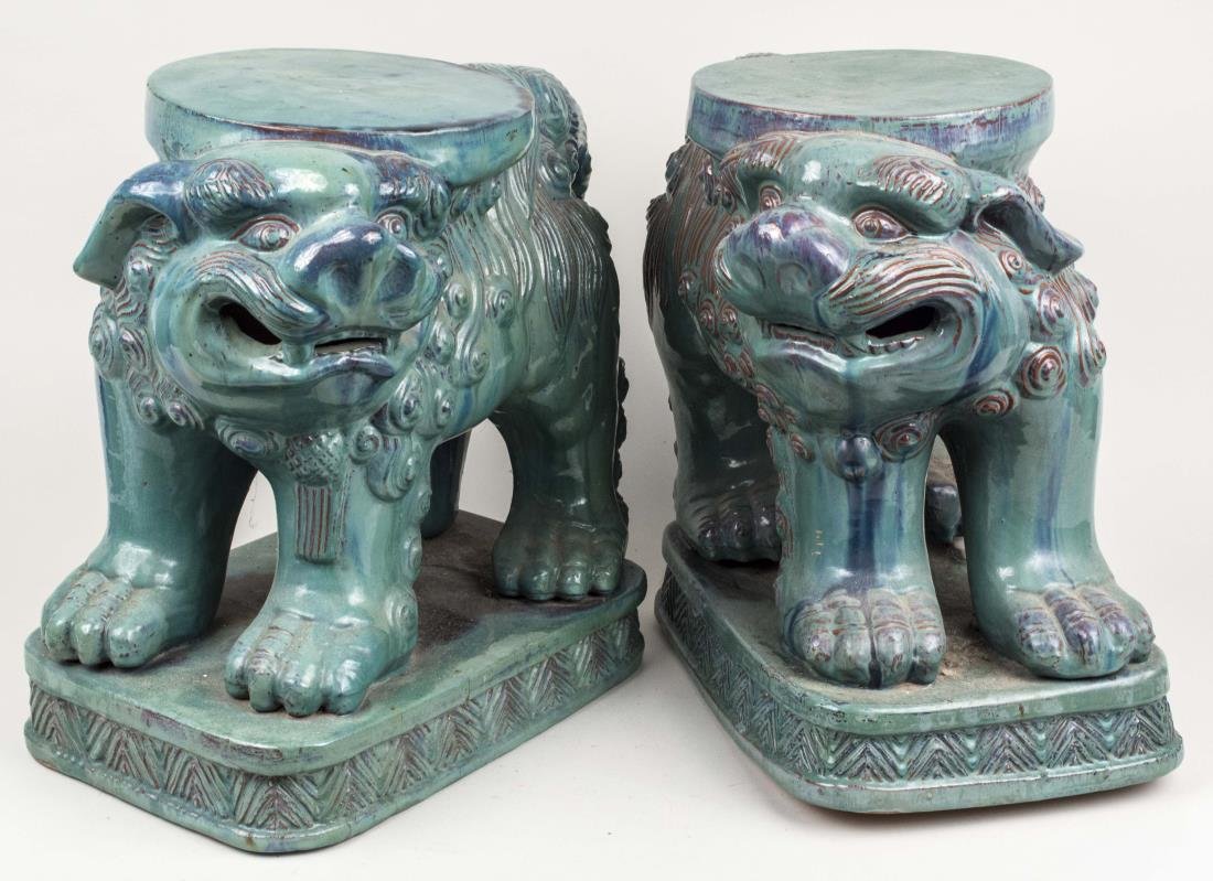 Pair of Ceramic Foo Lion Garden Seats (1 of 1)