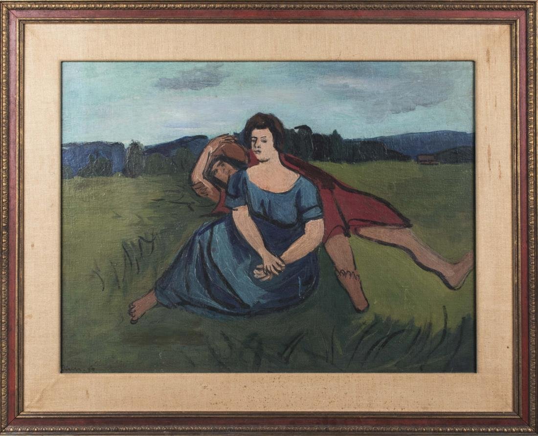 Ben Benn (Russian/American, 1884-1983): Two Girls Sitting in a Meadow. Oil on masonite. Signed and dated illegible (LL). Frame size 30 x 37 inches, sight size 21 x 28 inches. Matted and framed. Notice to bidders: Condition reports and addit