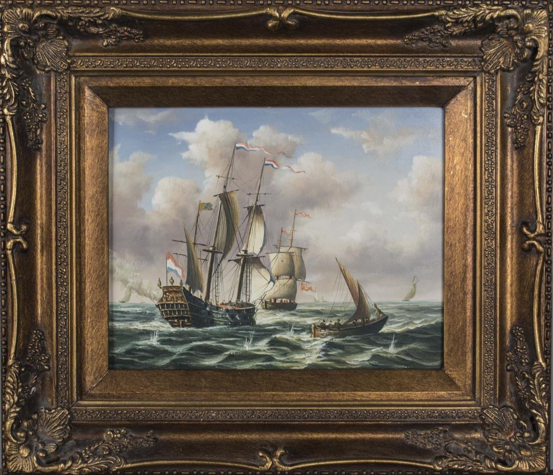 Unknown Artist, Painting of a French Galleon: French galleon sailing towards a Spanish ship. Oil on board, 19th-20th century. Unsigned. Frame size 13.5 x 16 inches, art size 8.5 x 10.5 inches. Framed. Notice to bidders: Condition reports and addi