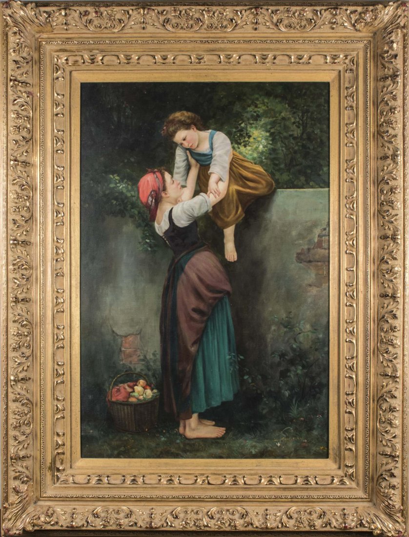 Giclee After Pre-Raphaelites: Girls climbing over a fence. Giclee print with hand painted portions on canvas, 21st century. Signed 'L. Curray' (LR). Frame size 51 x 38 inches, s Notice to bidders: Condition reports and additional 