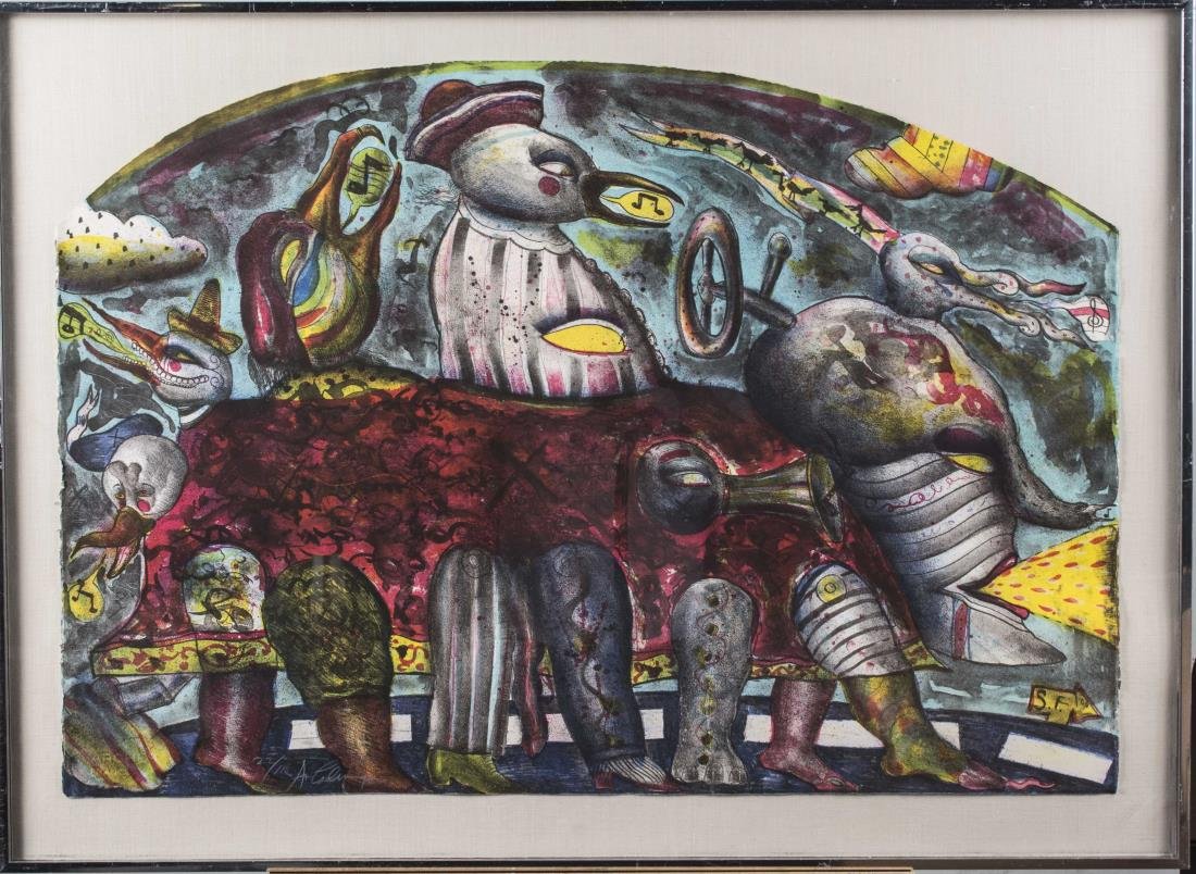 Alejandro Colunga (Mexican, born 1948): Autobus. Lithograph, 1979. Signed (LL). Numbered 22/110. De Soto Workshop label on reverse. Sheet size 26 x 35 inches. Framed. Provenance: From the Estate of Ernest De Soto Notice to bidders: Conditio