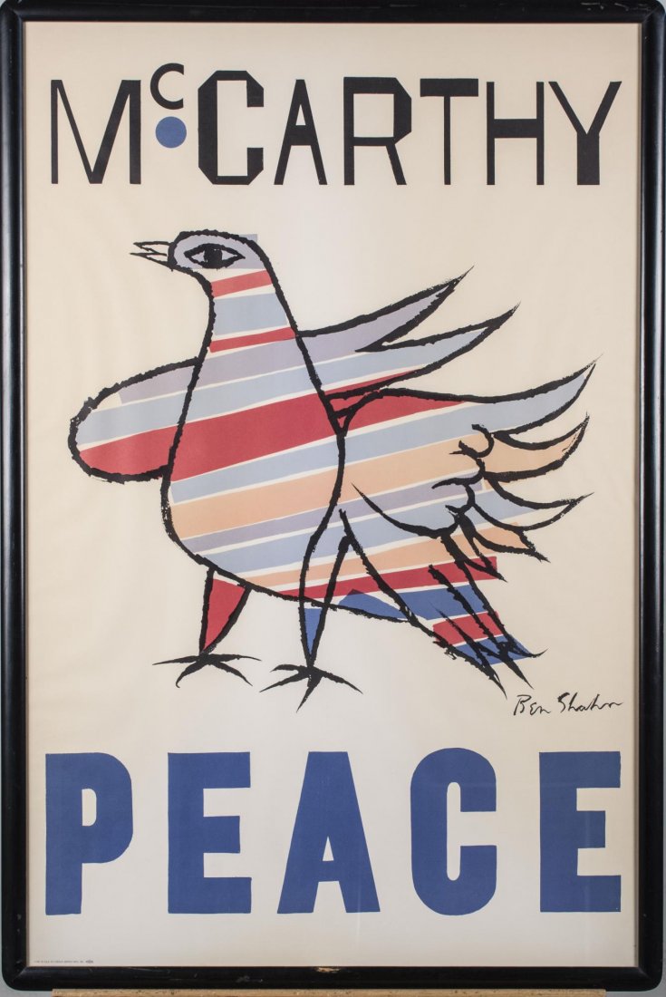 Ben Shahn, McCarthy Peace Poster: Ben Shahn (American, 1898-1969), "McCarthy Peace", lithographic poster, 1968. Printed by Lincoln Graphic Arts, Inc. Size 25 x 37.75 inches. Lot note: When Eugene McCarthy ran for President in 1968 aga