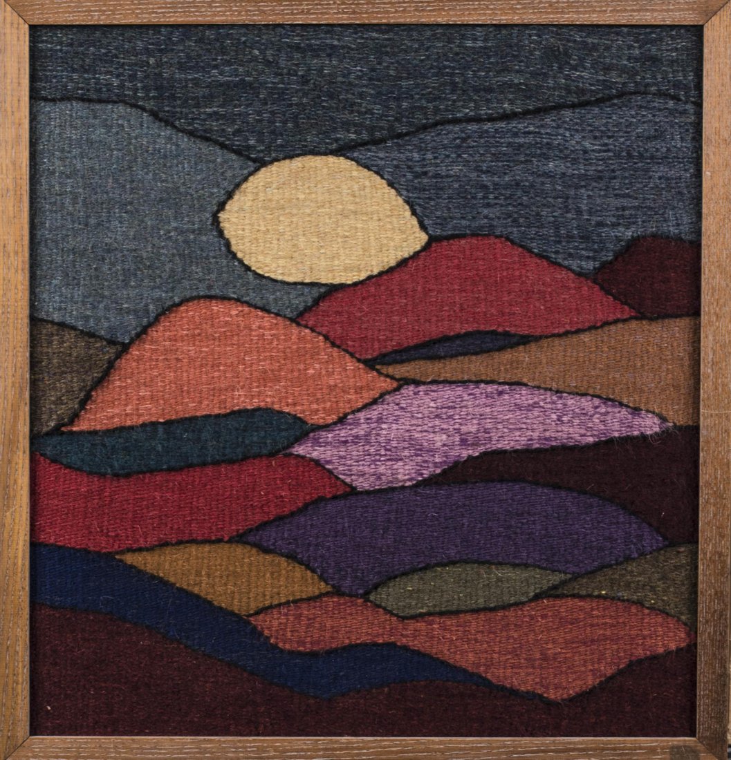 Janet Pearlman (American, 20th Century): Woven sunset, 20th century. Frame size 19 x 18 inches, sight size 17 x 18 inches. Framed. Notice to bidders: Condition reports and additional photographs are provided by request as a courtesy to our c