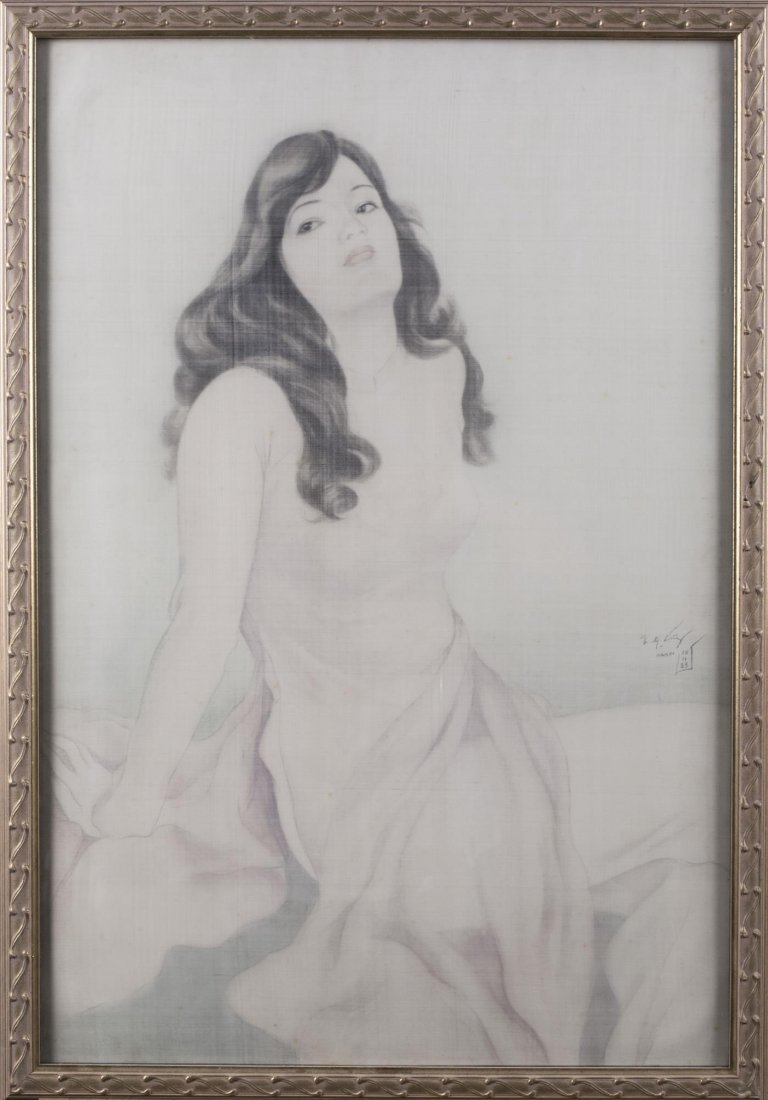 Tran Dong Luong (Vietnamese, 1925-1993): Young Lady. Ink on silk, 1985. Signed, dated and inscribed 'TR. Dg Luong, 15.11.85. Hanoi' (LR). Christie's label on verso. Frame size 34 x 23.5 inches, sight size 31 x 21.5 inches. Framed. Provenance