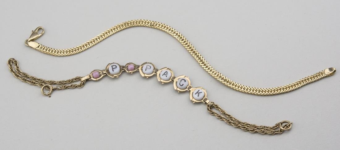 Two Gold Bracelets: 14k yellow gold, one an Italian woven chain, length 8 inches; the other a gold chain with ceramic letters, length 6 inches. Italian bracelet, 7.6 grams. Notice to bidders: Condition reports and additi