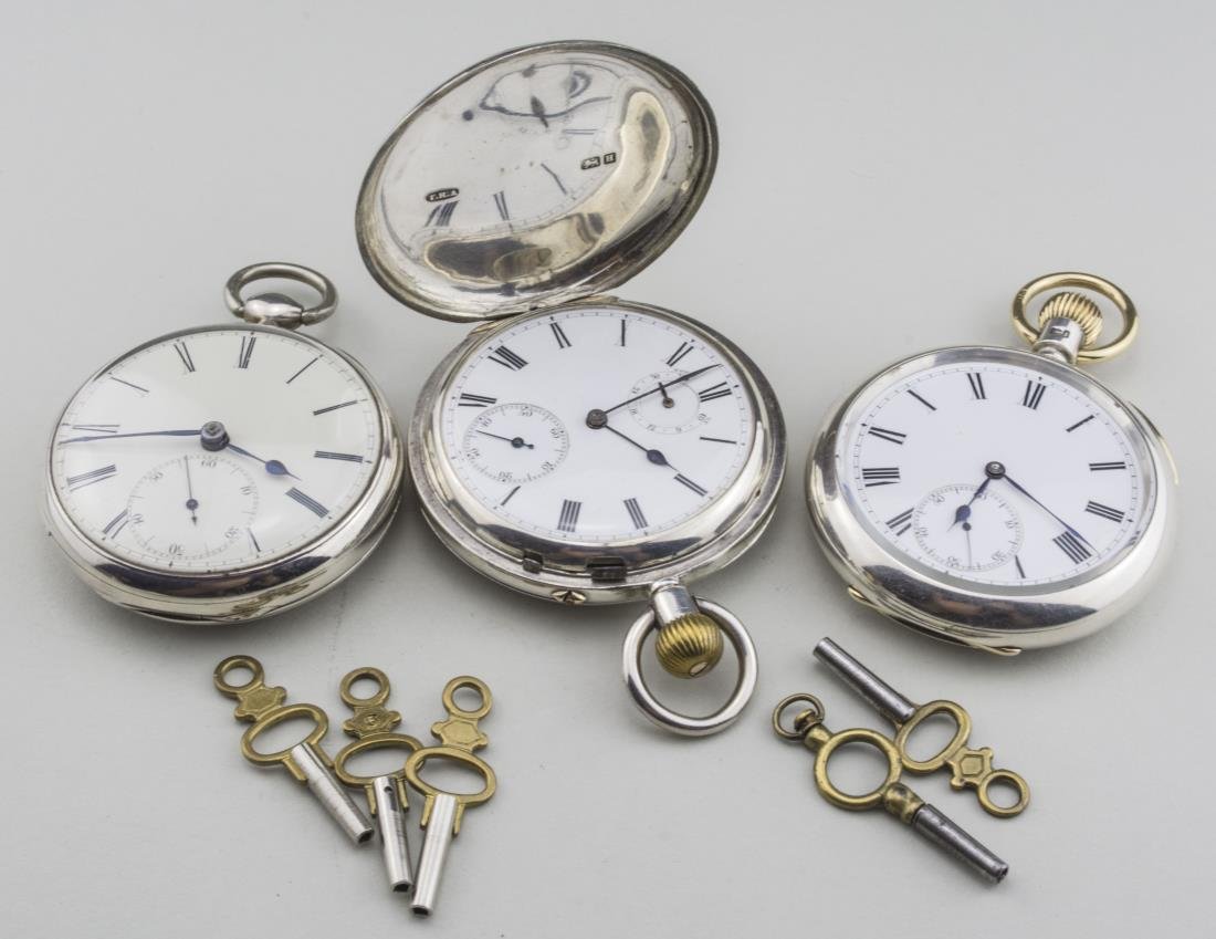 Three English Pocketwatches: (1) English silver hunt case pocket watch with enamel dial with Roman numerals, unsigned, two subsidiary dials, movement signed Bristol Goldsmiths Alliance Company, Langford, # illegible, case signed 