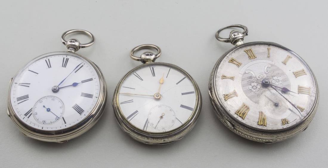 Three English Pocketwatches: (1) English silver open face key wind pocket watch with enamel dial with Roman numerals, dial unsigned, movement signed A. Smith Wellingboro, no. 14122, engraved regulator, case signed GKB, hallmark L