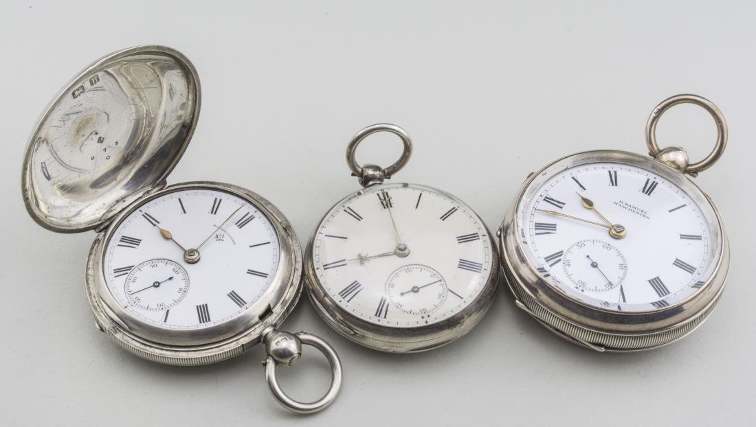 Three English Pocketwatches: (1) English silver hunt case key wind pocket watch with enamel dial with Roman numerals, signed Rothermans, subsidiary seconds dial, movement signed Rothermans, London #156966, case signed J.R., and h