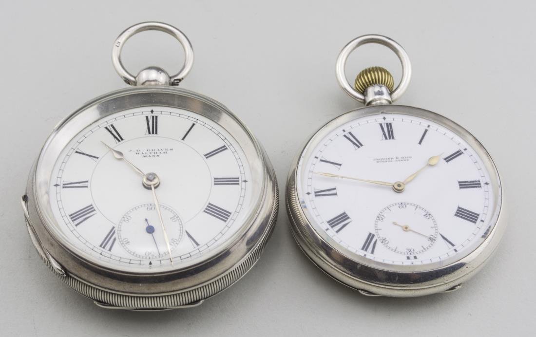 Two Vintage Pocketwatches: One an American Watch Co., Waltham M A, silver, key wind pocketwatch, enamel dial with Roman numerals, signed J.G. Graves, Waltham Mass, with subsidiary seconds dial, English silver case, signed AB, B