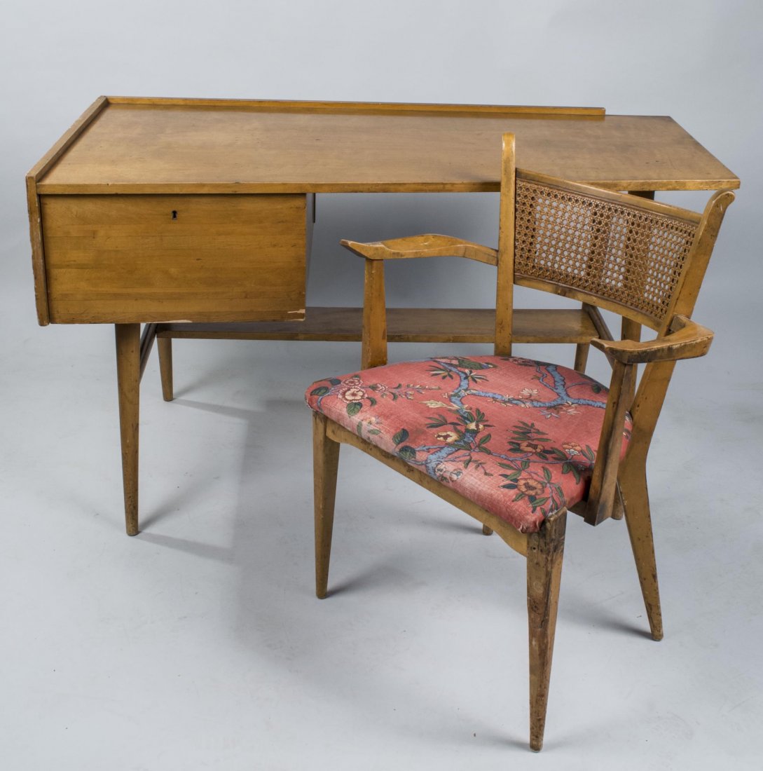 Danish Modern Desk: Rectangular top with partial gallery over a left side deep drawer, tapered legs. Height 29 inches, width 50 inches, depth 25 inches. Notice to bidders: Condition reports and additional photographs are