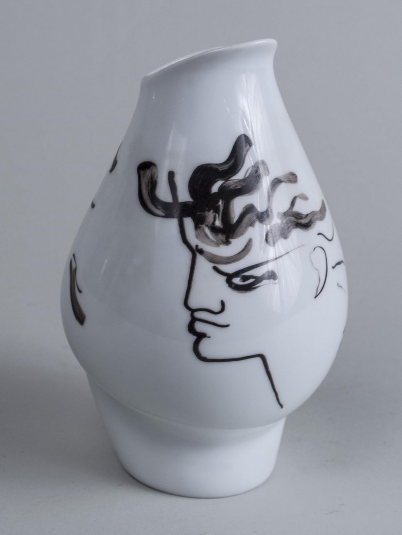 Jean Cocteau (French, 1893-1963) *: Painted vase. Made by Rosenthal Porcelain, 1952. Height 8 1/2 inches. Notice to bidders: Condition reports and additional photographs are provided by request as a courtesy to our clients, as such any 