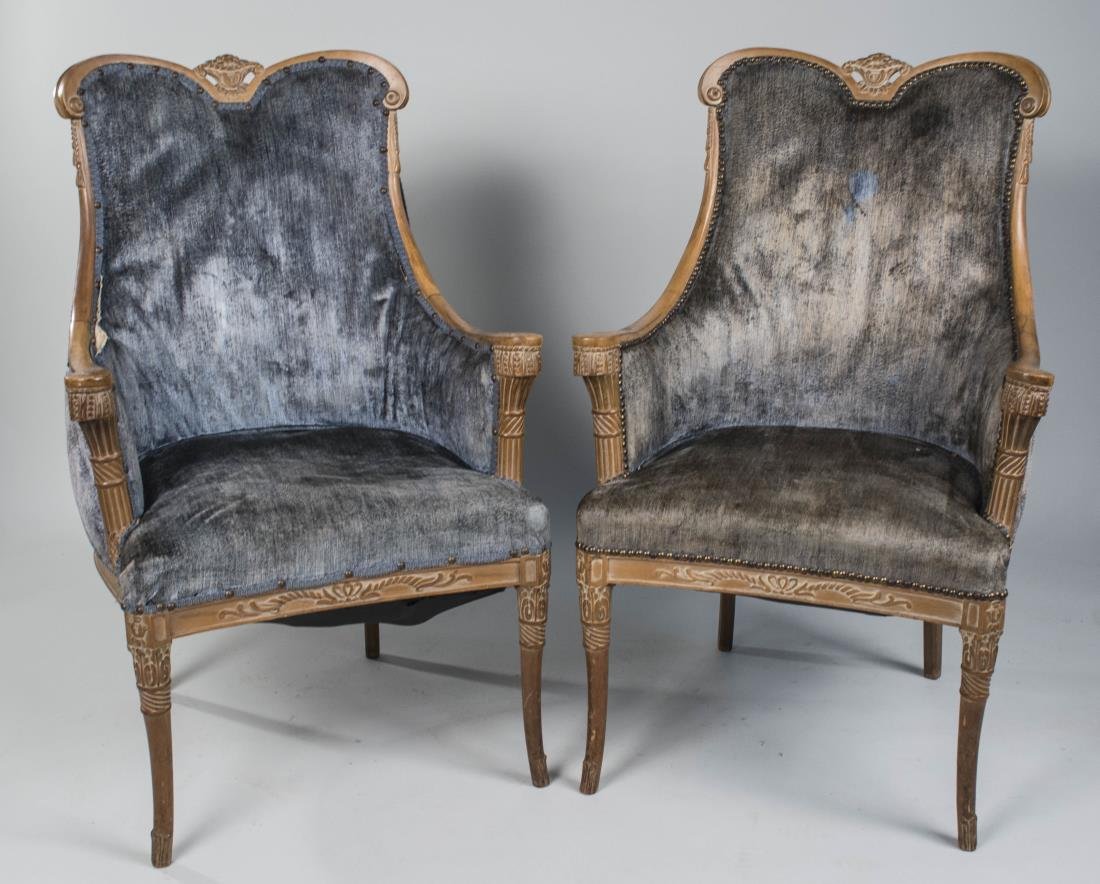 Pair of Grosfeld House Occasional Chairs: Double scroll crest rail, grey-blue upholstered back and seat, turned legs. Height 42 inches, width 27 inches, depth 30 inches. Notice to bidders: Condition reports and additional photographs are prov