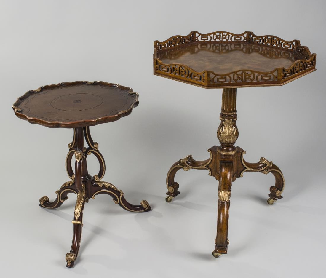 Maitland Smith Tripod Table: Parcel gilt and stained wood, octagonal top with pierced gallery, on three scrolled legs; together with another tripod table with circular top. Taller. Height 32 inches, width 24 inches, depth 24 inch